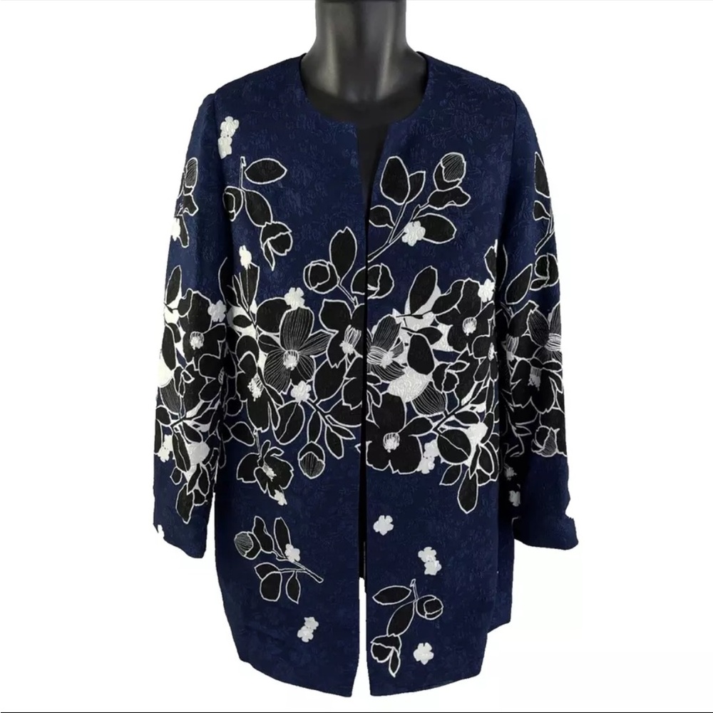 New Women’s Karl Lagerfeld Jacket Blazer Sz S Blue NWOT Open Front Floral Petite
